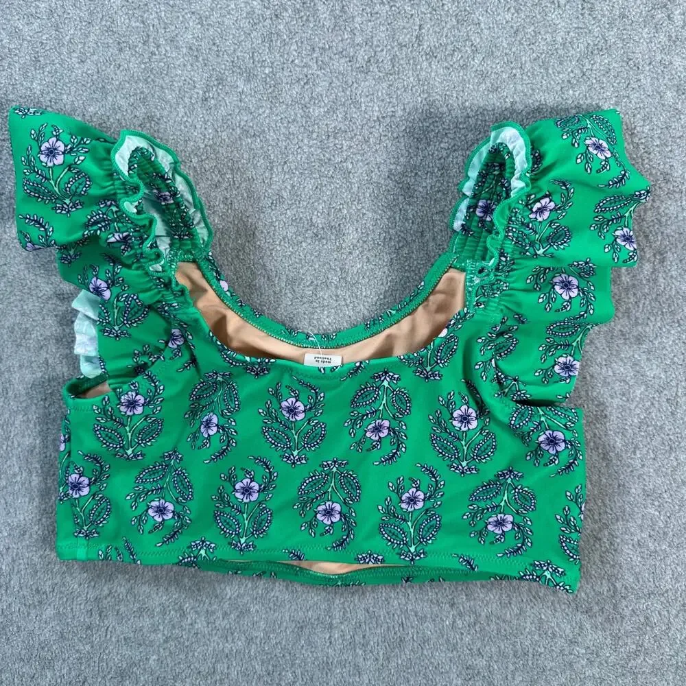 Crewcuts J.Crew Ruffle Strap Bikini Top Swimsuit Girls 12 New Green Floral BX172